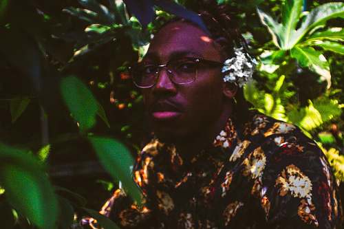 detroit man wearing floral shirt taking photo under tree animal